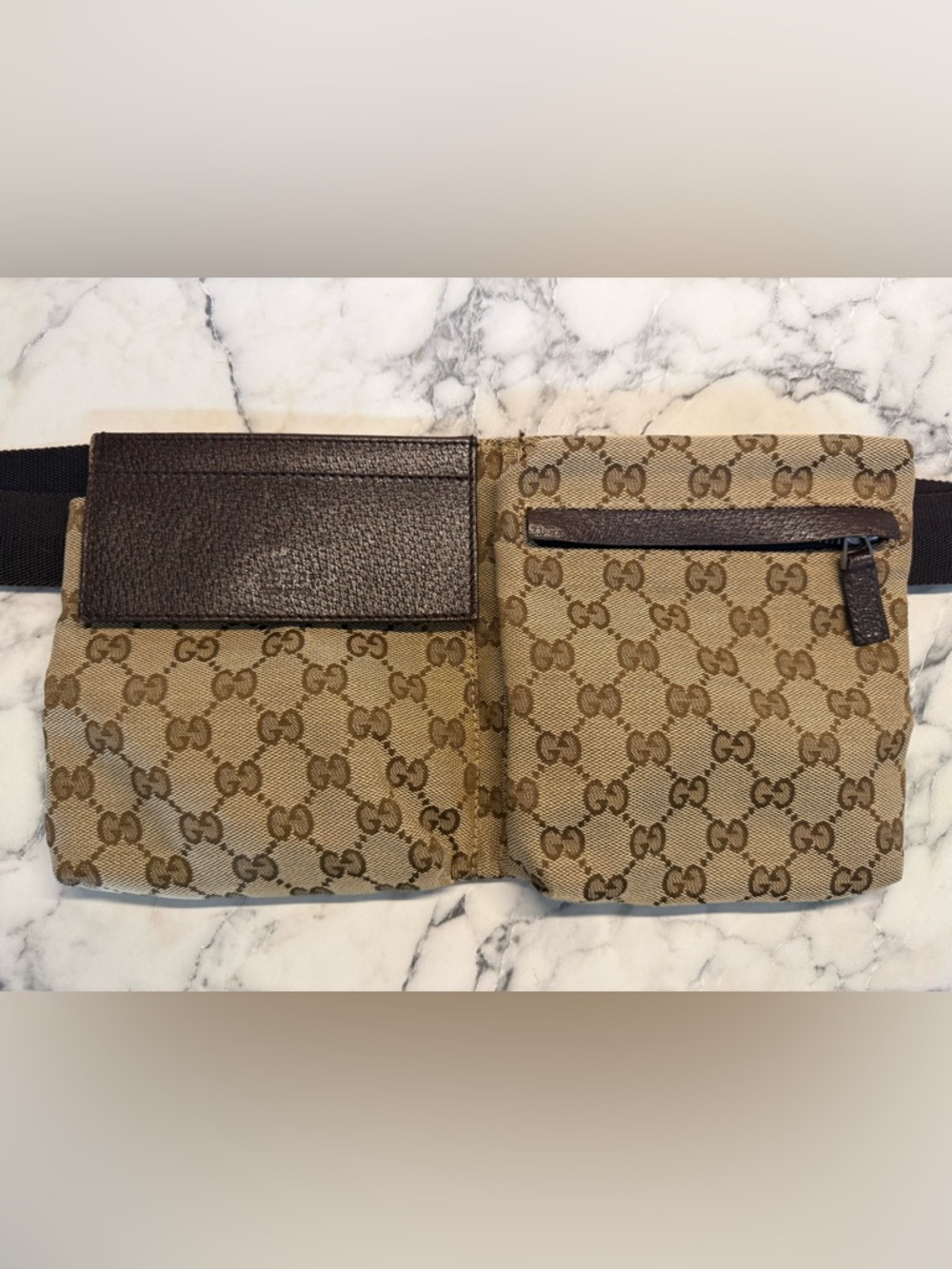 Gucci GG Monogram Canvas Double Pocket Belt Bag Brown